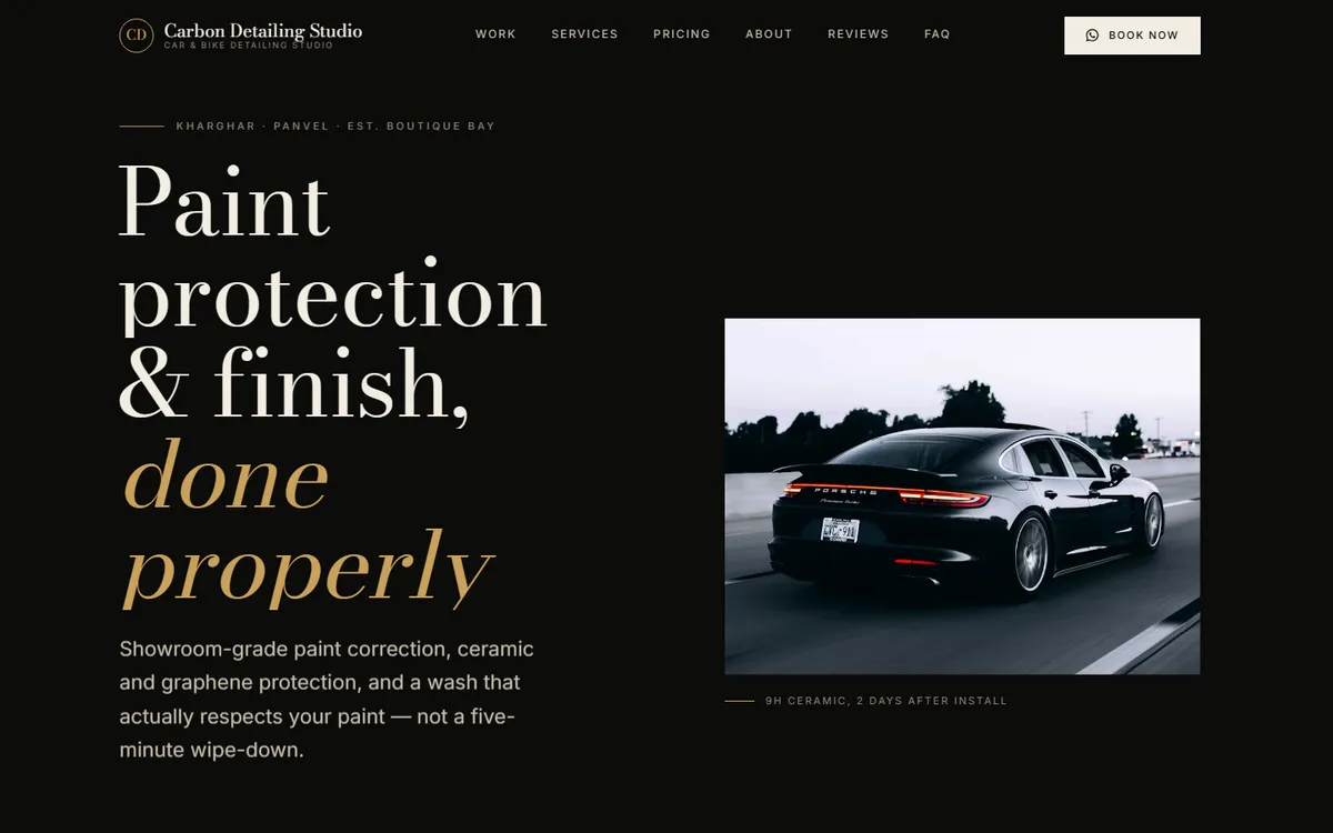 Midnight Gold, a car website design, on desktop