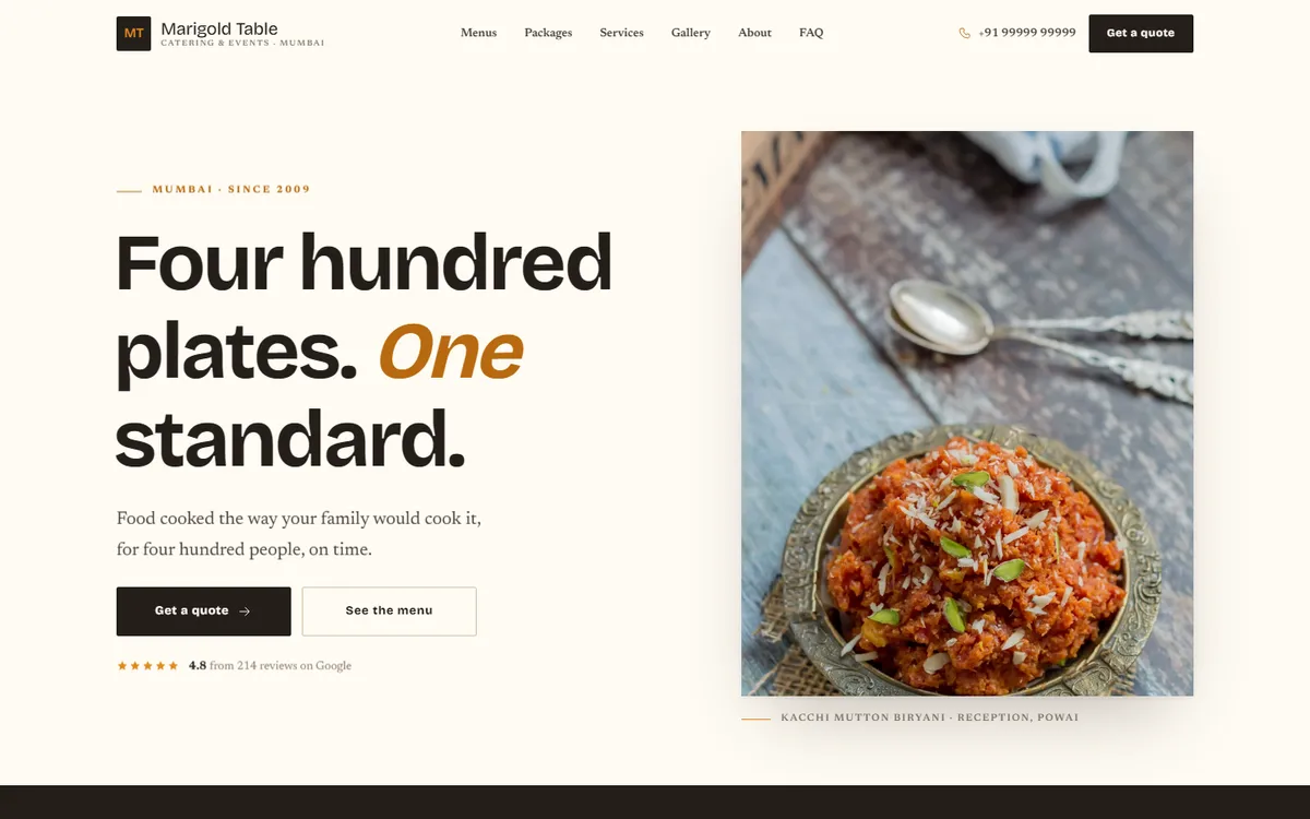 Saffron Editorial, a catering website design, on desktop