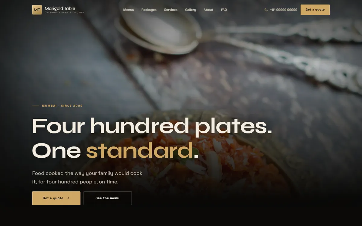 Midnight Banquet, a catering website design, on desktop