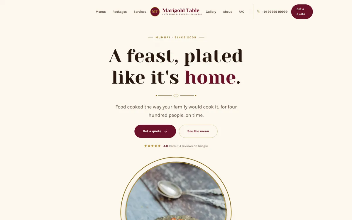 Royal Thali, a catering website design, on desktop