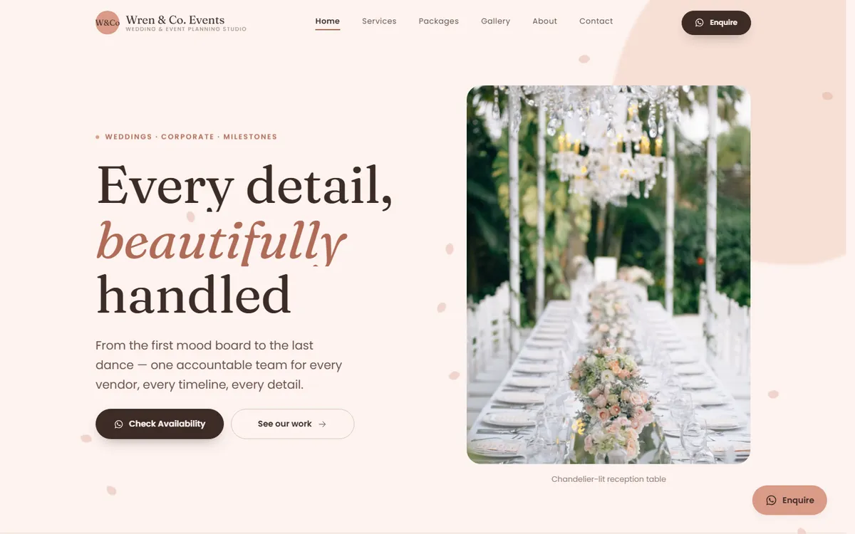 Petal Blush, a events website design, on desktop