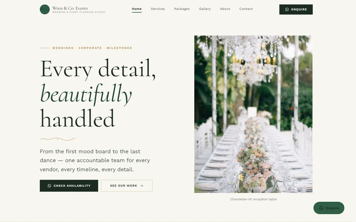 Emerald Soiree, a events website design, on desktop