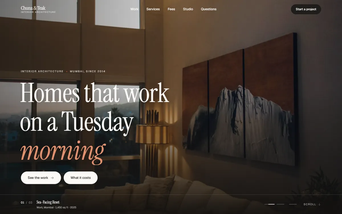 Concrete Linen, a interiors website design, on desktop