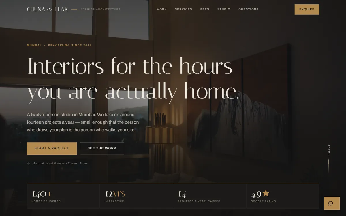 Nocturne Brass, a interiors website design, on desktop