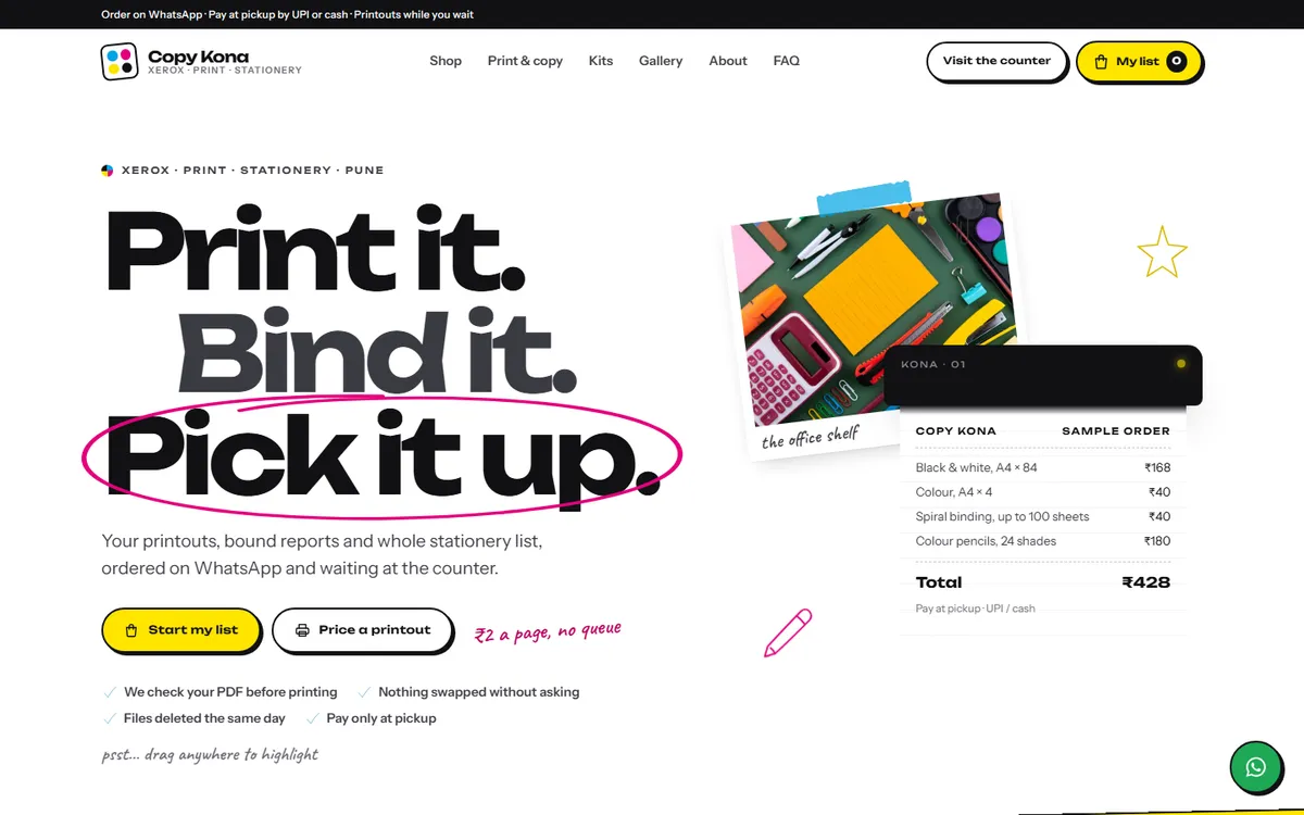 Copy Kona, a print shop website design, on desktop