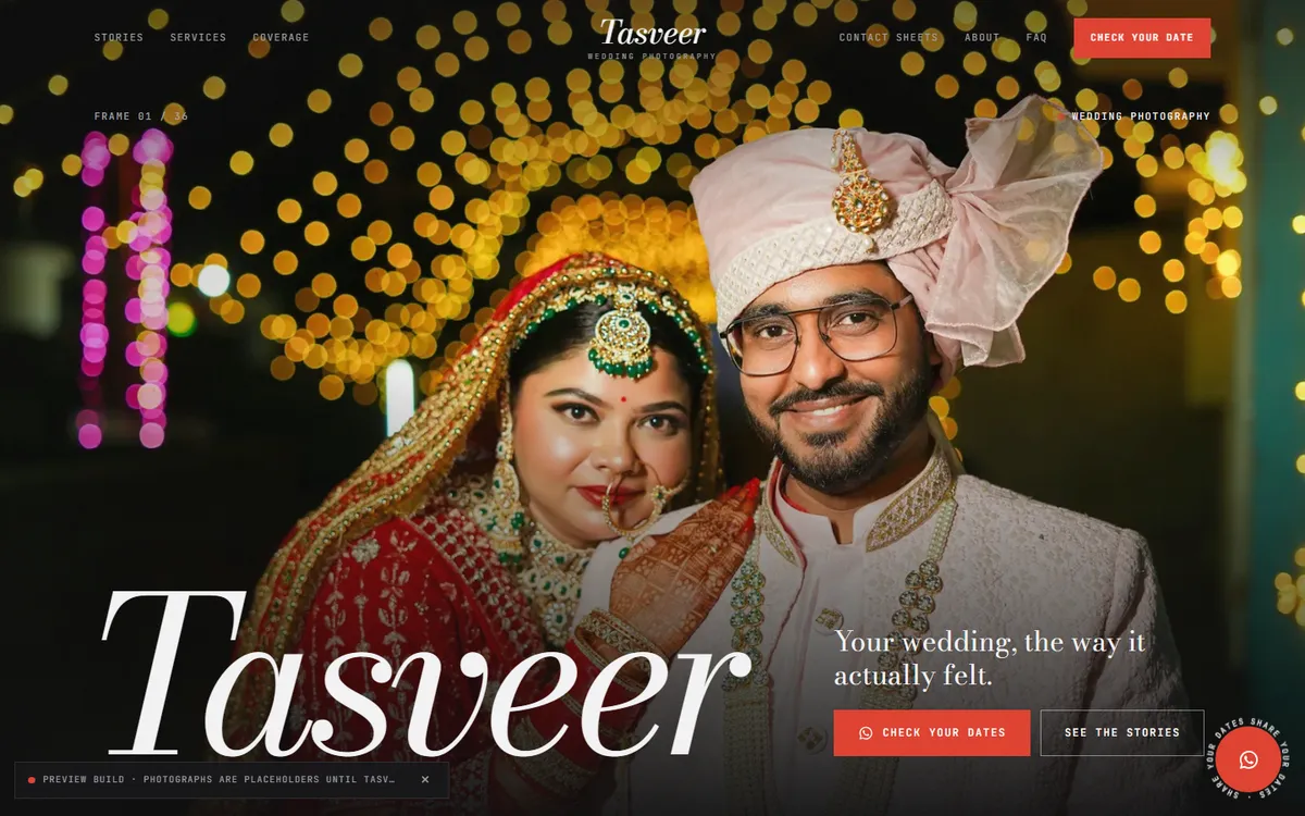 Tasveer, a photography website design, on desktop