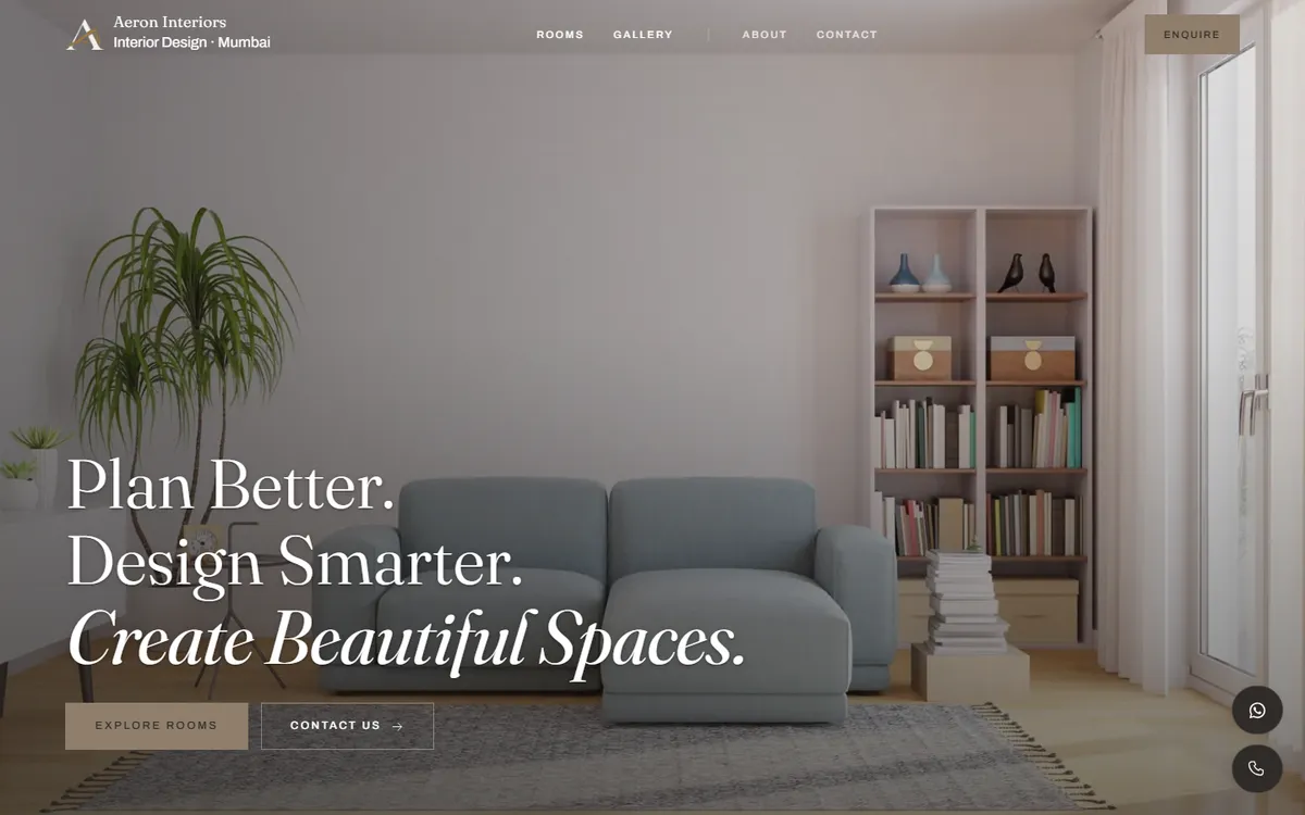 The Aeron Interiors home page — a bright living room and the line “Plan Better. Design Smarter. Create Beautiful Spaces.”