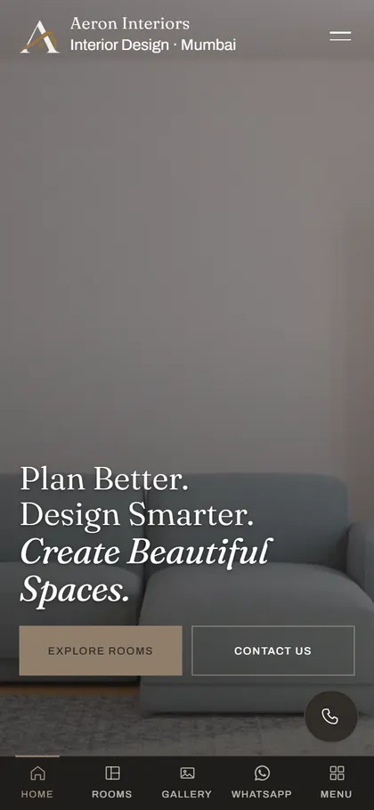 The Aeron Interiors home page — a bright living room and the line “Plan Better. Design Smarter. Create Beautiful Spaces.”, on a phone