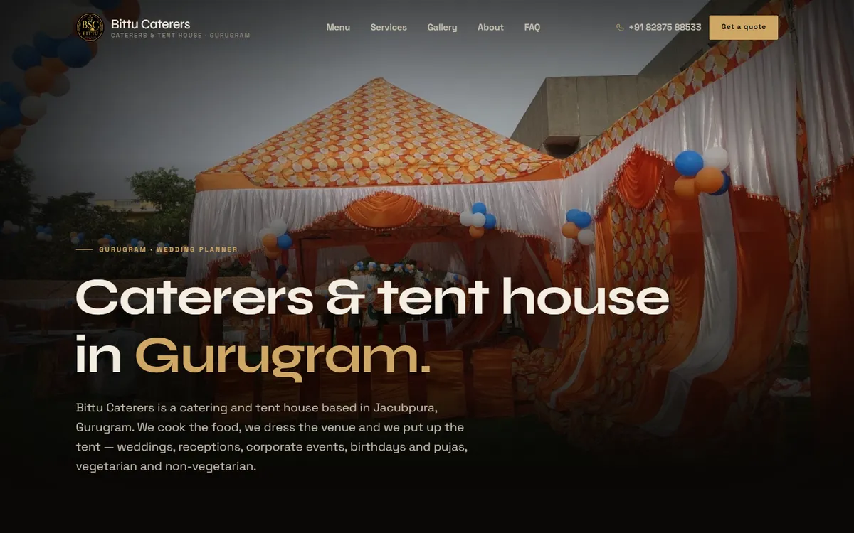 The Bittu Caterers & Tent House home page — a decorated tent and the line “Caterers & tent house in Gurugram”