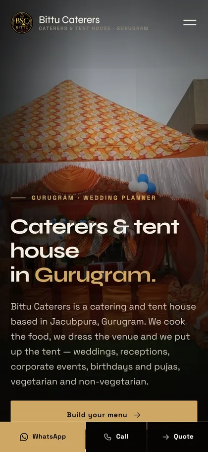 The Bittu Caterers & Tent House home page — a decorated tent and the line “Caterers & tent house in Gurugram”, on a phone
