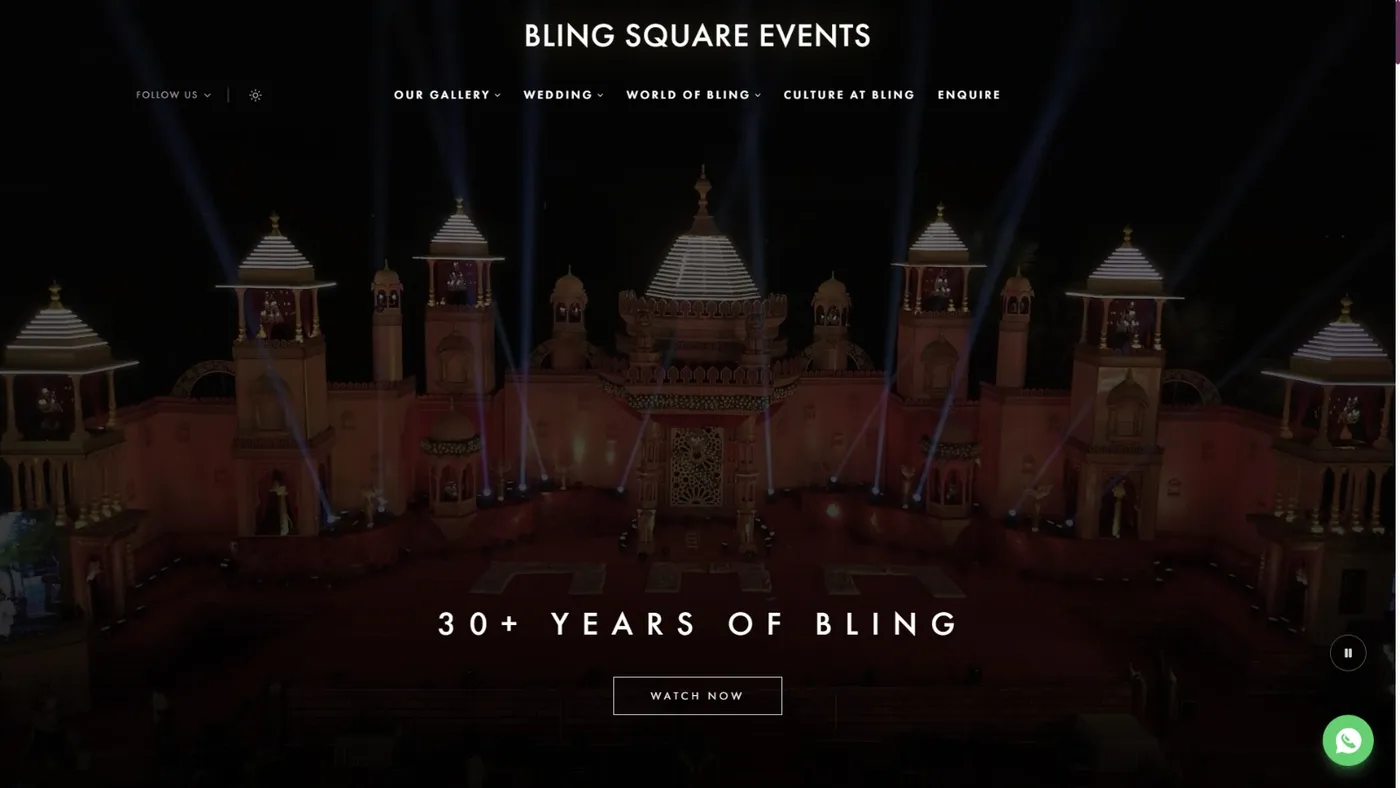 The Bling Square Events site, a lit wedding set behind the navigation and a thirty-years headline