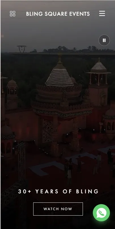 The Bling Square Events site, a lit wedding set behind the navigation and a thirty-years headline, on a phone