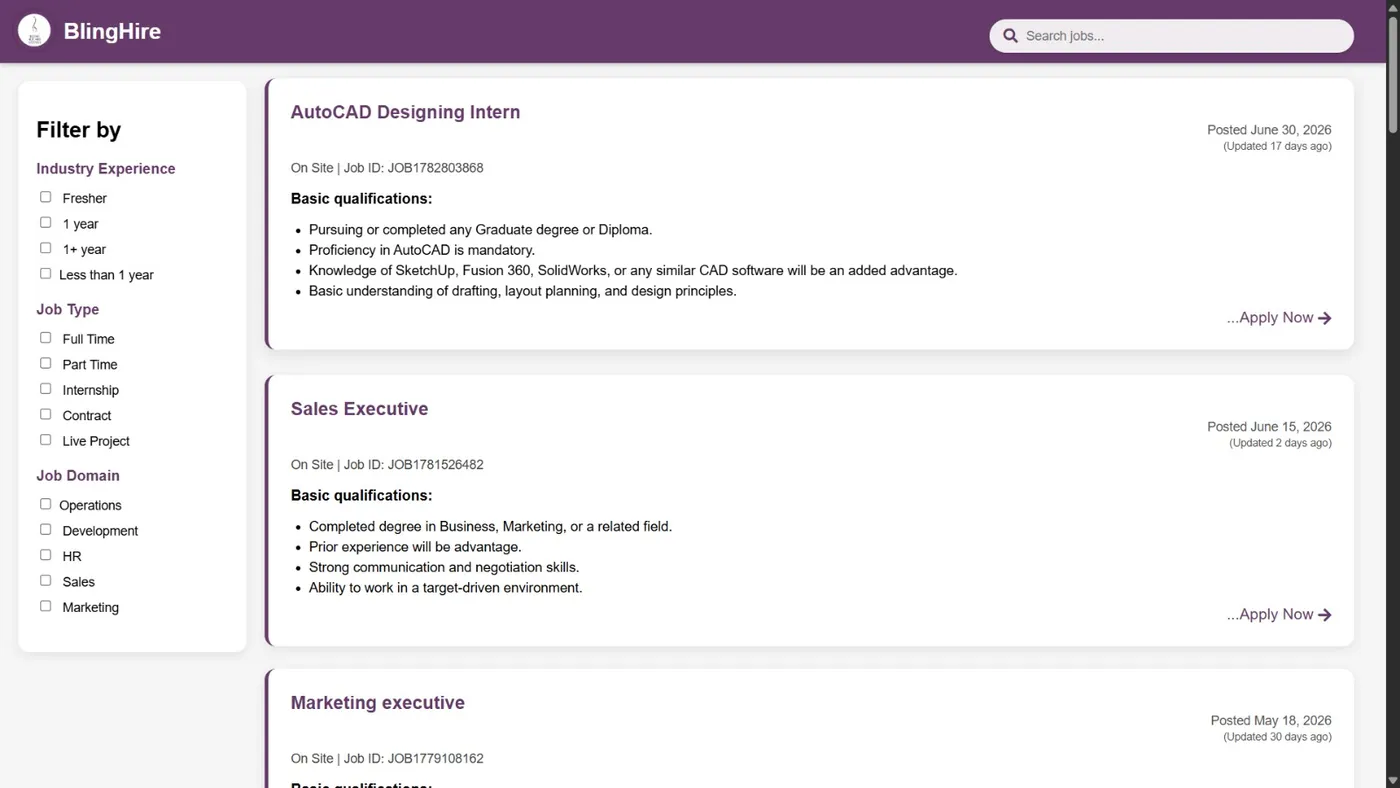 The BlingHire job board with filters for experience, job type and domain
