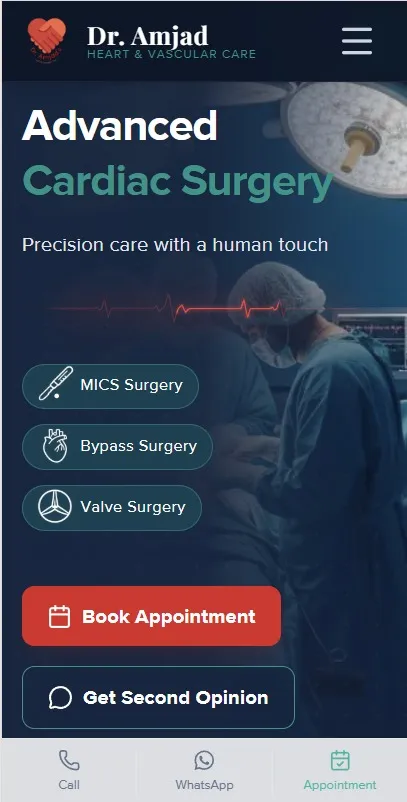 The Dr. Amjad clinic homepage, cardiac surgery services above the fold, with a booking call to action, on a phone